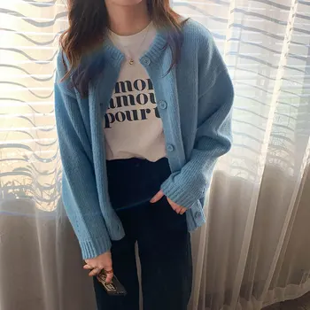 

5 colors 2020 spring autumn korean style o neck knitted sweaters cardigan womens solid color long sleeve tops womens (X1243)