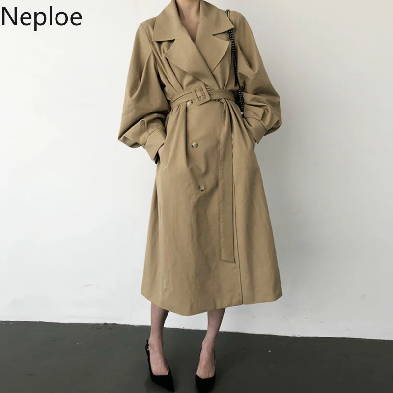 Neploe, корейский шик, темперамент, Ретро стиль, средней длины, Тренч, отложной воротник, тонкая талия, шнуровка, однотонный, ropa mujer, осень, на пуговицах, Moda