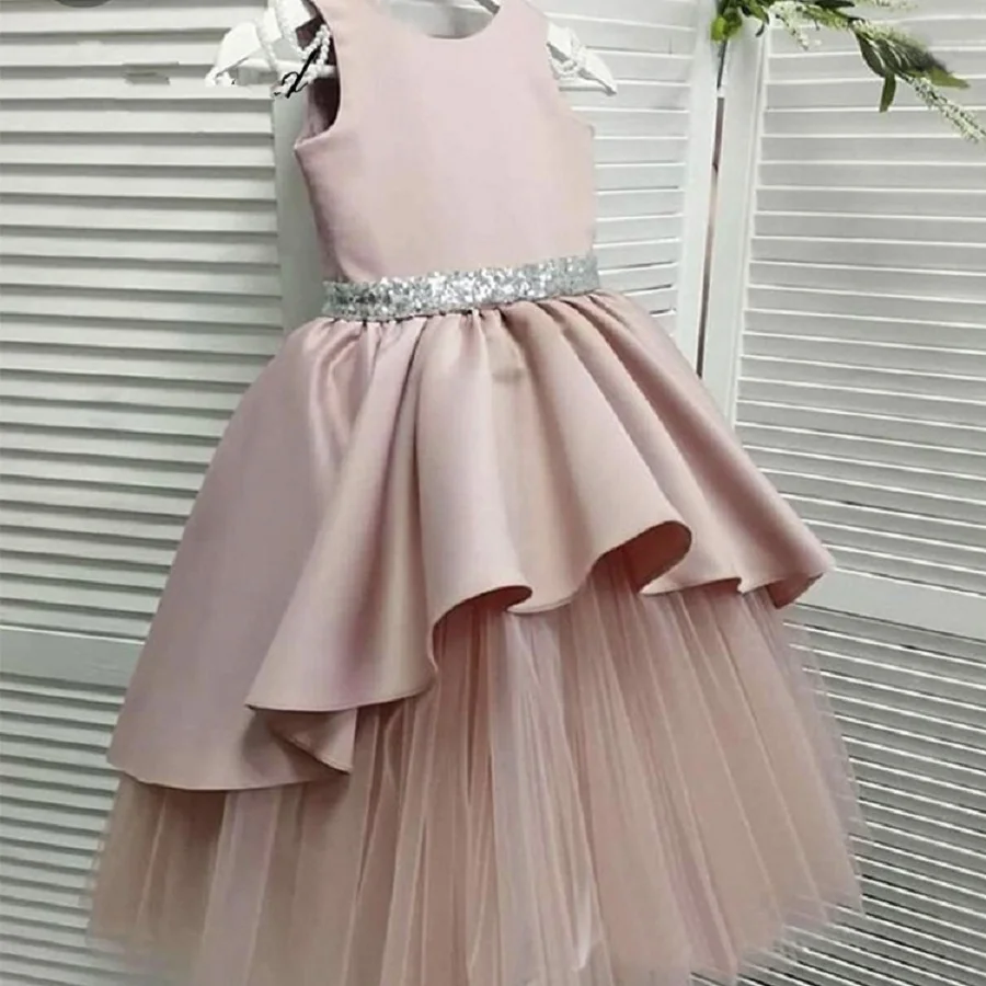 665A-Line Cute Flower Girl Dresses Pearls Beading Shoulder Layers Evening Dress Kid Sequin Sashes Ball Gown Vestidos