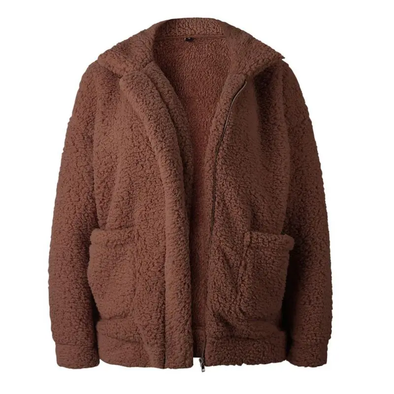 Прямая поставка, элегантное пальто из искусственного меха, Женская осенне-зимняя теплая мягкая меховая куртка на молнии, плюшевое пальто с карманами, повседневная плюшевая верхняя одежда - Цвет: Коричневый