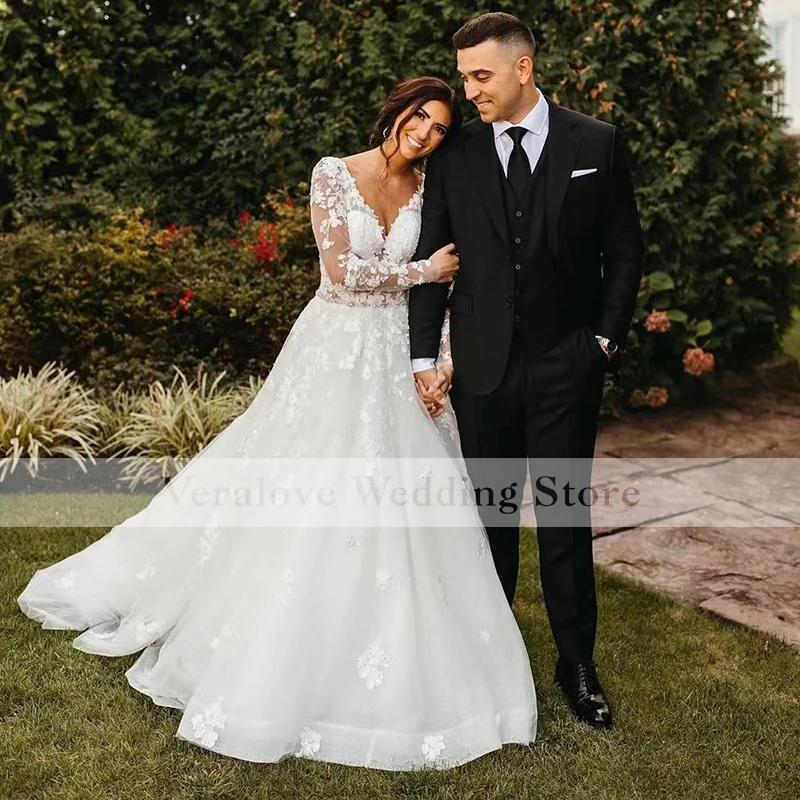 Vestidos de novia de línea A mujer, ropa de boda de encaje manga larga