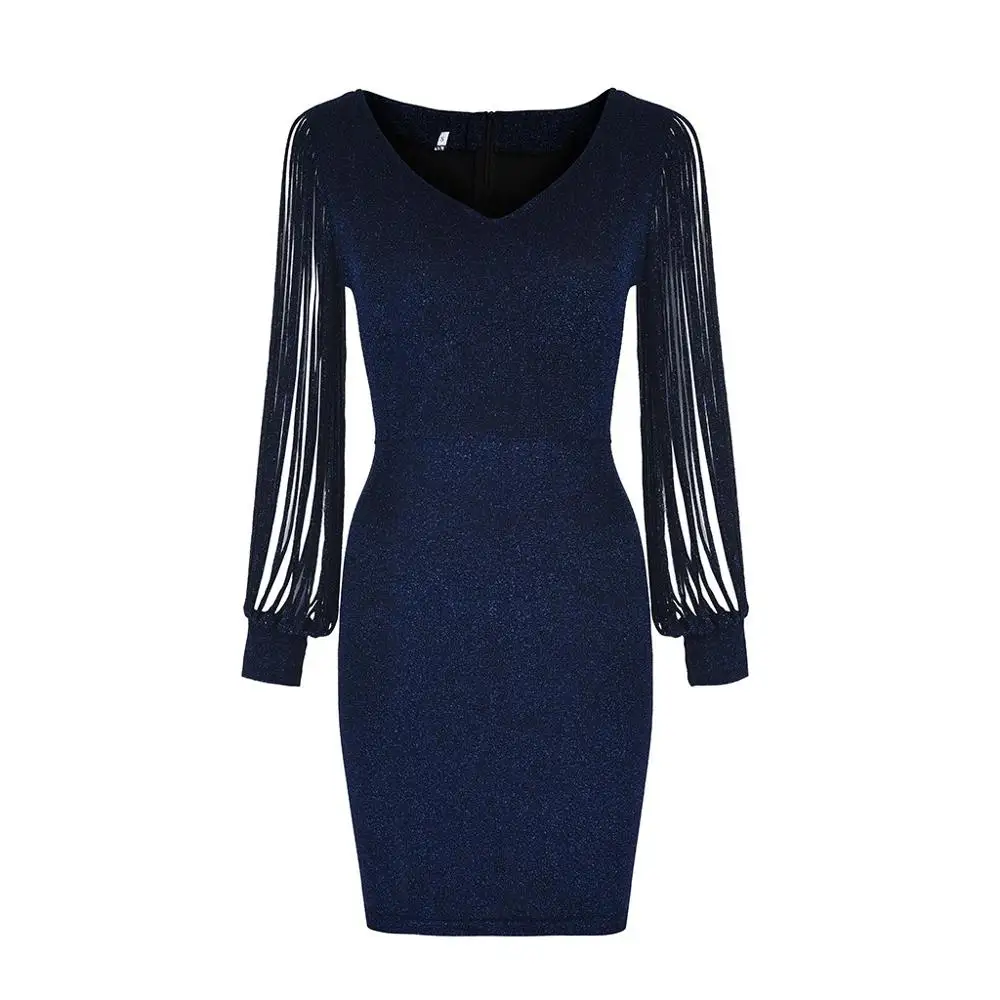 Dark Blue Сексуальное женское платье модное V Ncek однотонное блестящее облегающее Клубное платье с длинными рукавами мини-платье для женщин A3 - Цвет: Dark Blue