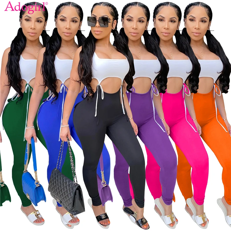 Adogirl High Elastic Lace Up Tight Fitting Sexy Sporting Suit Jumpsuit Summer Sleeveless Hollow Out Fitness Tracksuit Apparel