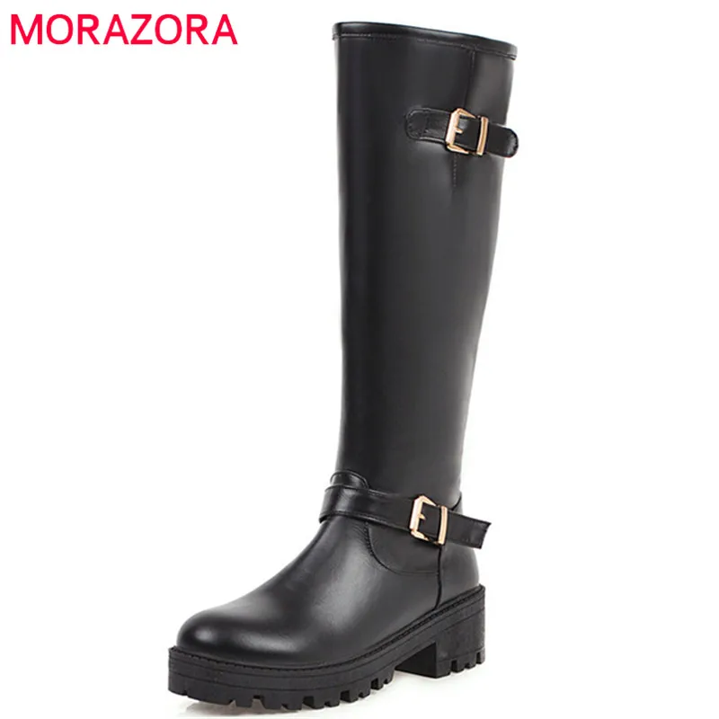 MORAZORA/Новое поступление года; женские сапоги до колена; сапоги на платформе с квадратным каблуком и круглым носком, на молнии, с пряжкой; осенне-зимняя женская обувь в стиле панк