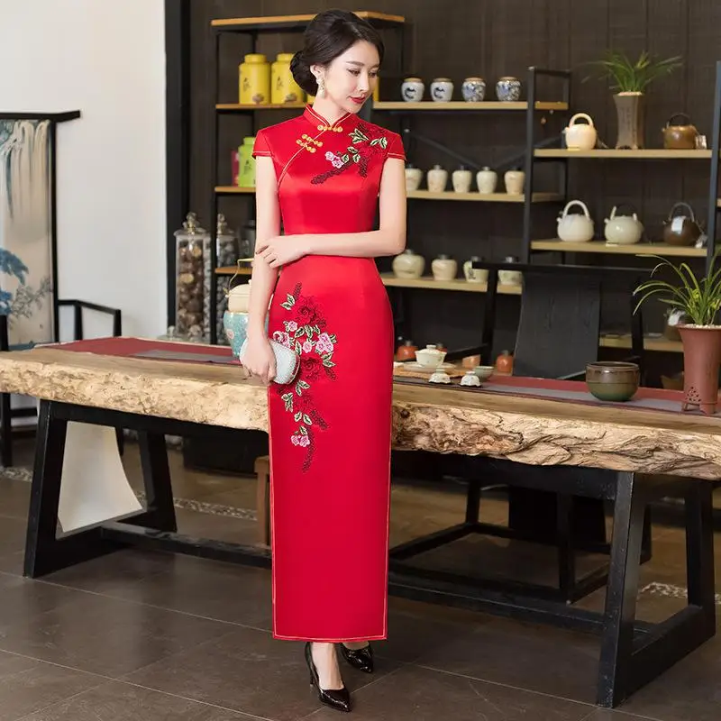 Белое Женское длинное платье Cheongsam с вышивкой, короткие рукава, вечерние платья, свадебное банкетное элегантное бальное роскошное бальное платье, Vestido XS-3XL - Цвет: Красный
