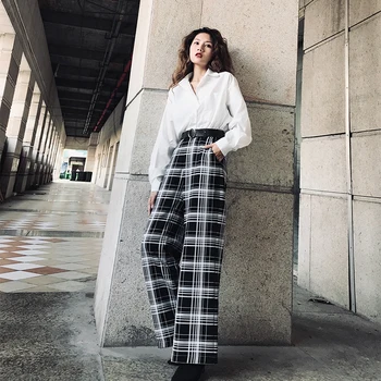 

LANMREM 2020 Spring New Products Fashion High Waist Plaid Sinking Loose Slim Wide Leg Pants Women PA876
