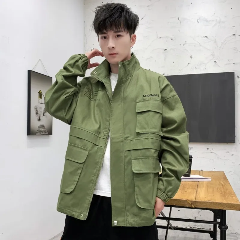 

Autumn Jacket Men's Fashion Letters Print Casual Multi Pocket Workwear Jacket Man Streetwear Hip Hop Loose Bomber Jacket Men