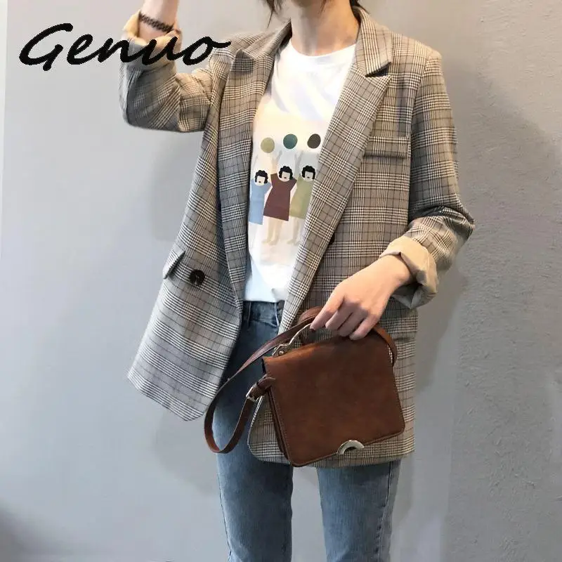 Genuo, новинка, весенне-осенний Блейзер, тонкий, корейский, Восстановленный, клетчатый костюм, свободный костюм, Harajuku, винтажная куртка, женская верхняя одежда