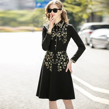 

Women's Runway Dresses Turn Down Collar Long Sleeves Embroidery Floral High Street Fashion Dresses