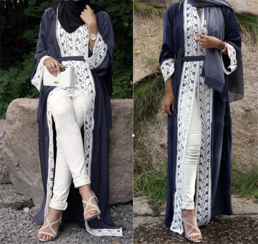 1 шт. Модные женские мусульманские платья с кружевной отделкой спереди Абая, для мусульман Макси-Кафтан мусульманская одежда для Дубай