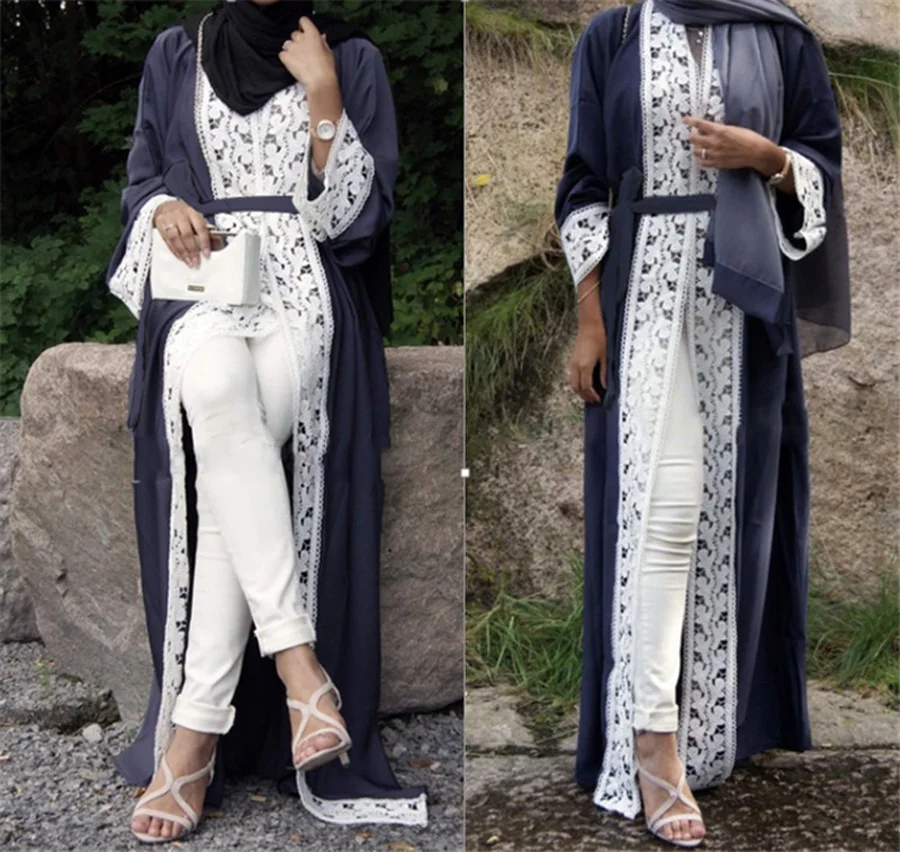 

1pcs Fashionable Muslim Dress Women Lace Trimmed Front Abaya Muslim Maxi Kaftan dubai Islamic african clothing002