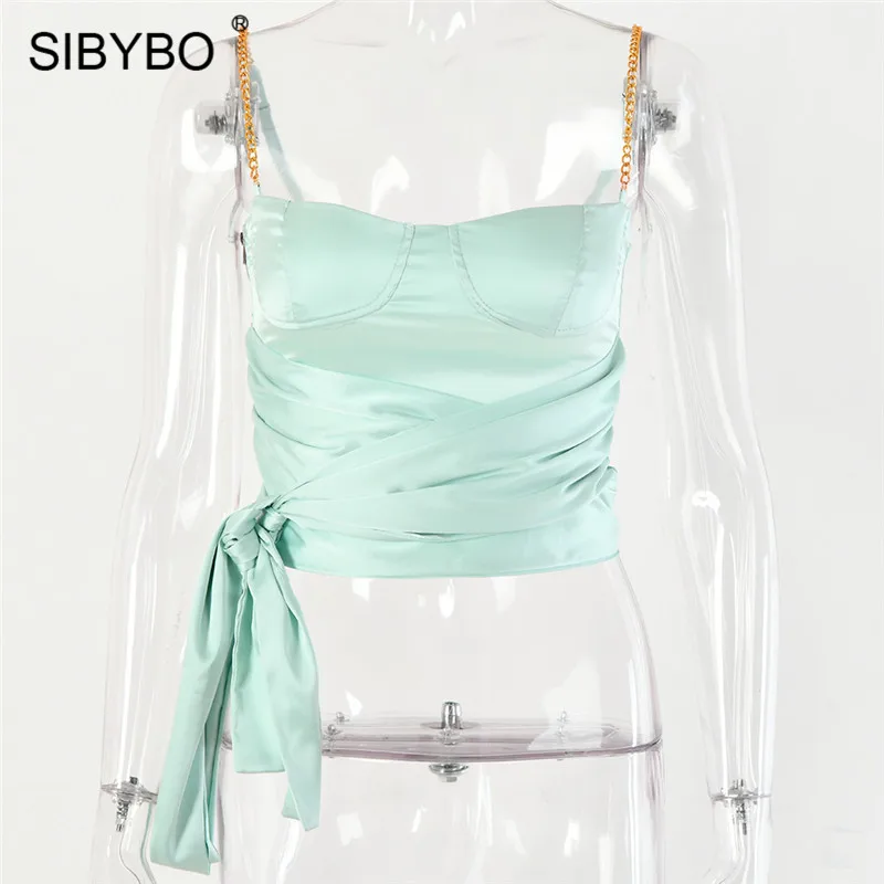As Shown SIBYBO пикантные женские топы на бретельках с металлической цепочкой без бретелек с галстуком-бабочкой, летний укороченный Топ для женщин с открытой спиной, Пляжная повседневная майка - Цвет: As Shown