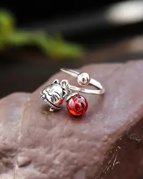 

S925 Silver Natural Crystal Garnet Cute Cat Bell Ring