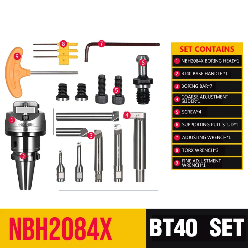 M16 BT40 NBH2084X high Precision 0.005 NBH 2084 boring head with 7Ppcs XBJ boring bars CNC tools working range 8-320mm