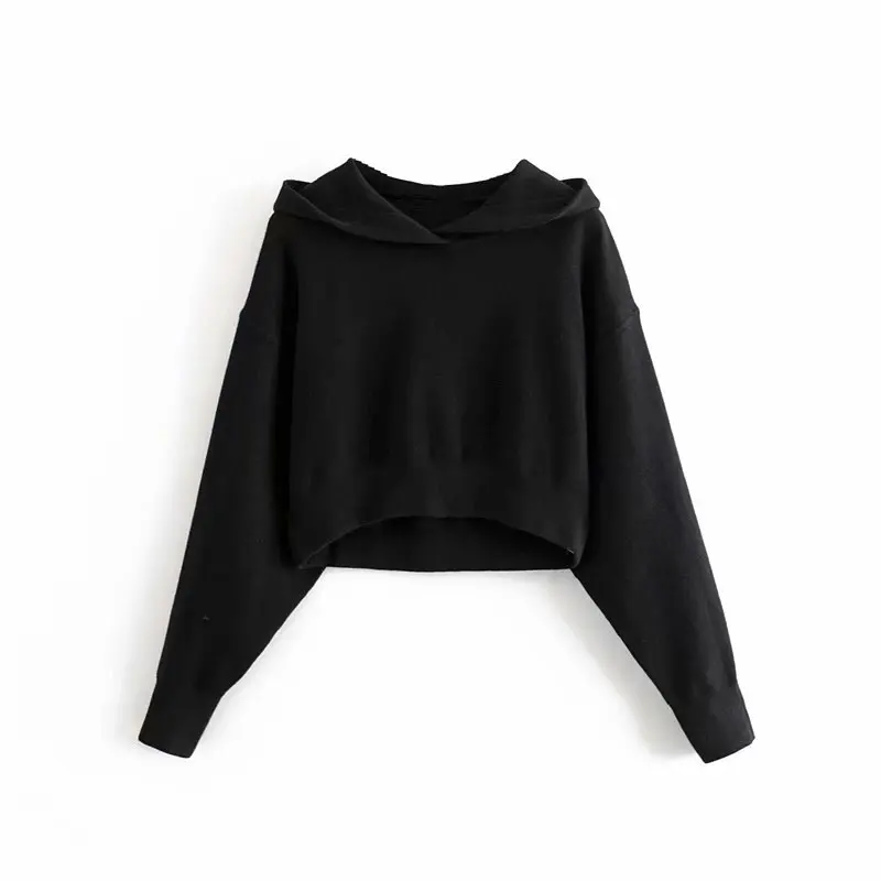 

women fashion knitted hooded sweatshirt short style stretchy crop top solid pullover female casual basic tops