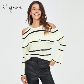 

CUPSHE Stripes Ruffles Sweater Women Casual Loose Long Sleeve Knit Pullover Top 2020 Autumn Winter Fashion Cold Shoulder Sweater