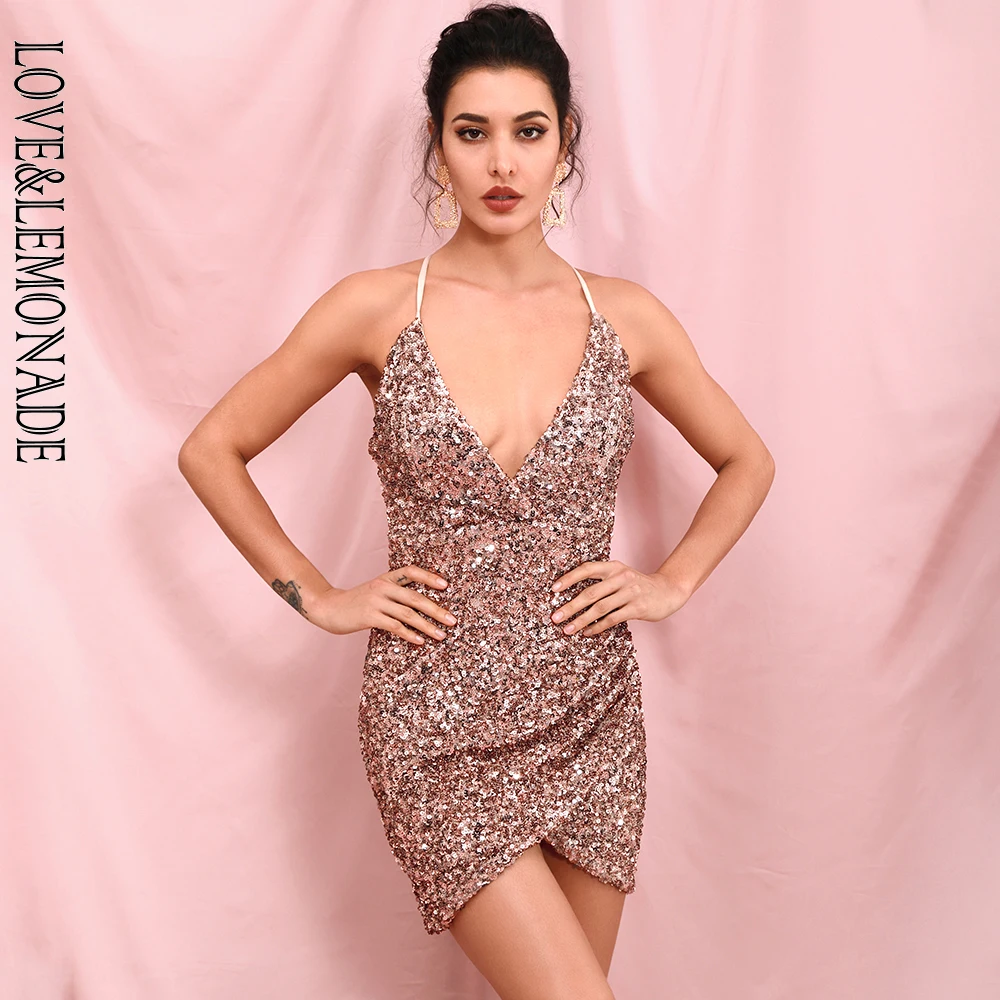 Sequined Deep V Open Back Mini Dress 