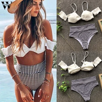 

2020 Sexy Off Shoulder Bikini Women High Waist Swimsuit Bandeau Push Up Swimwear Short Sleeve Bikini Set Bathing Suit Beach P0
