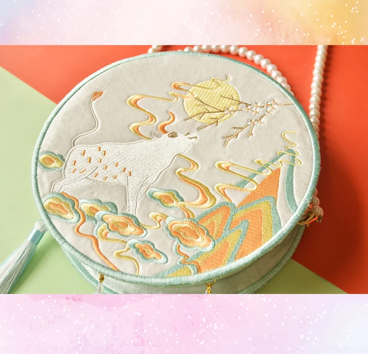 Angelatracy Hanfu Chinese Tiger Dragon Embroidery Tassel Rabbit Sheep Snake Horse Mouse Cow Monkey Pig Shoulder Circular Bags