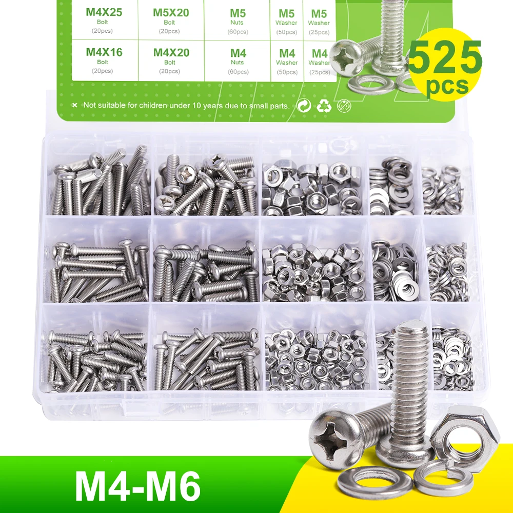 

DA-ONE 525pcs M4 M5 M6 304 Stainless Steel Phillips Cross Recessed Pan Head Screw Combination Set With Washer And Hex Nut Kit
