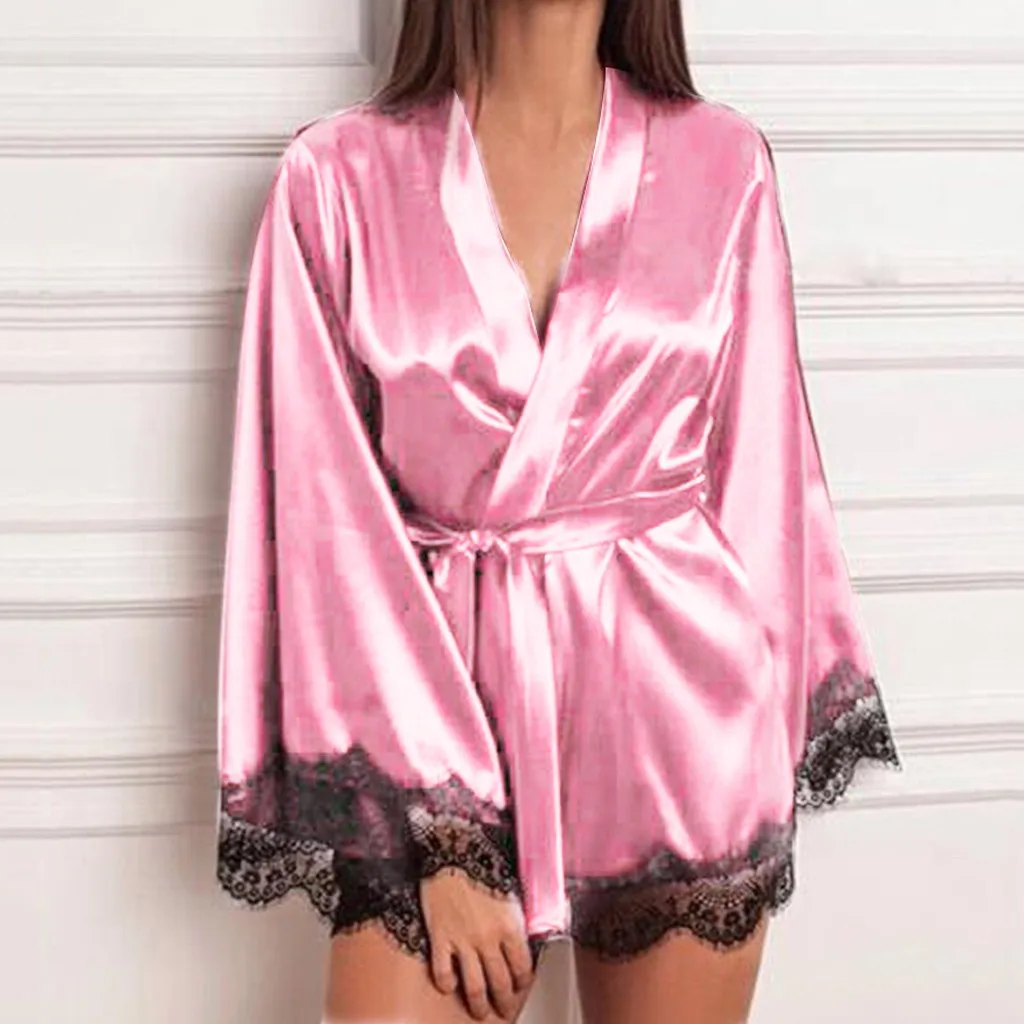 Женский атласный Шелковый кружевной халат женский банный халат халаты пижамы женские сексуальные Халаты женские сорочки De Nuit Femme# YJ - Цвет: Pink