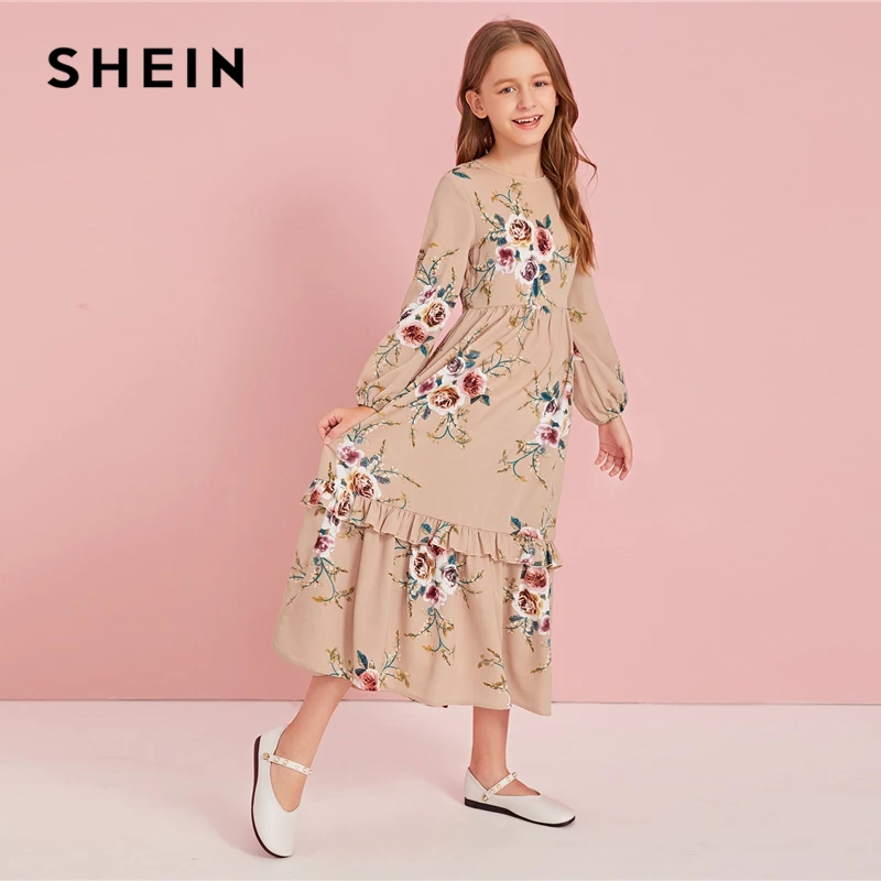 SHEIN Kiddie Khaki Floral Print Tiered Layer Ruffle Hem Boho Dress Kid Autumn Bishop Sleeve Zipper Back Flared Maxi Dresses