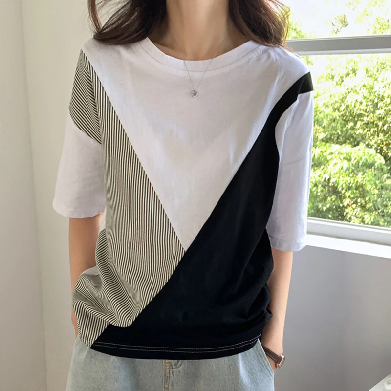 

Футболка женская с коротким рукавом и круглым вырезом, Модный повседневный Тонкий Топ свободного покроя из хлопка в стиле пэчворк, на лето