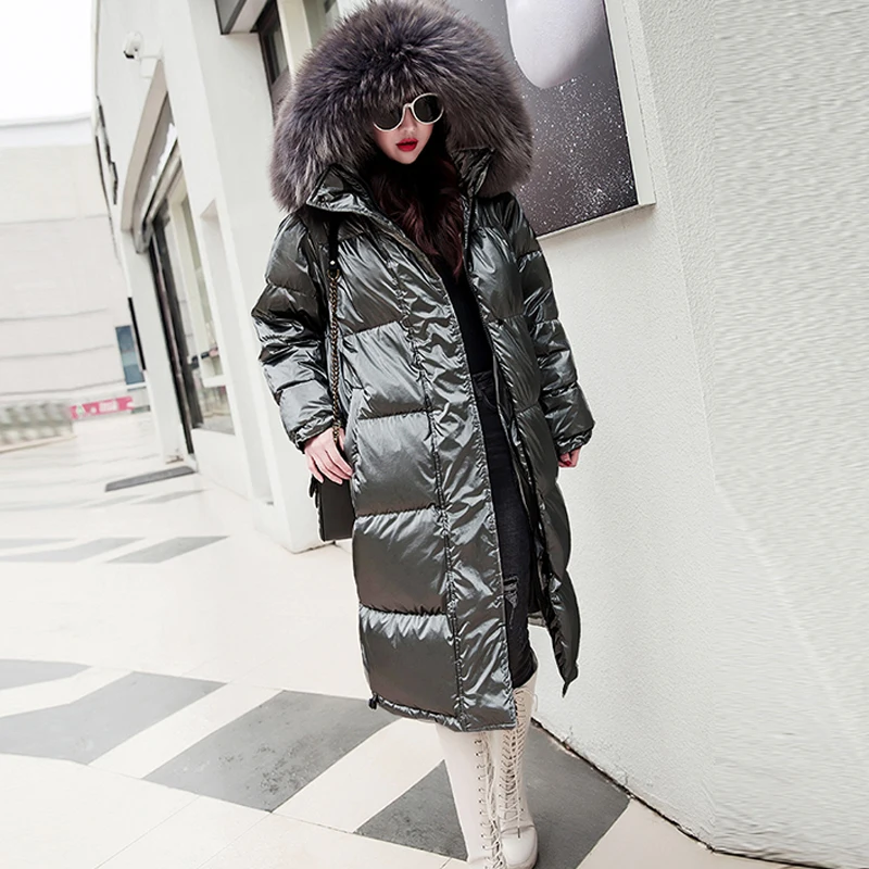 Goedkoop Fur Hooded Lange Winter Donsjacks Vrouwen Effen Reflecterende Plus Size Parka Streetwears Vrouwelijke Thicken Warm Duck Down Jassen Nieuwe
