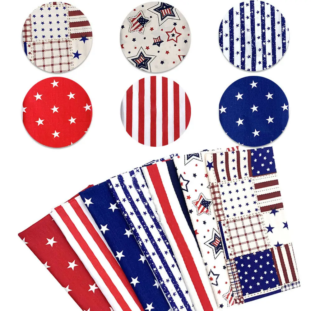 7Pcs/set Stars Stripe Printed American Flag Style 100% Cotton Twill Fabric Square Patchwork Home Textile Cloth Group Diy Sewing