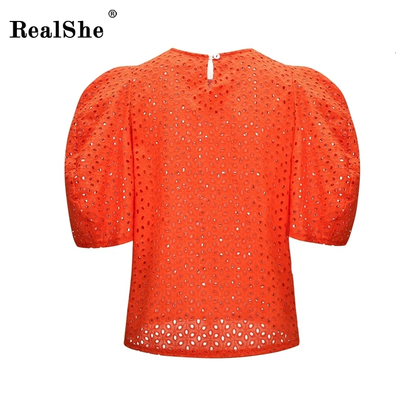 RealShe женская блузка с круглым вырезом и рукавом-фонариком, Женские топы и блузки, летняя Свободная Женская рубашка, женские рубашки
