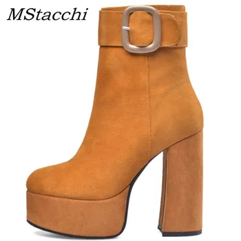

MStacchi Women Cow Suede Platform Mid-Calf Boots Women Zipper Buckle Chunky Heels Botines Mujer 2019 Thick Bottom Boots Feminina