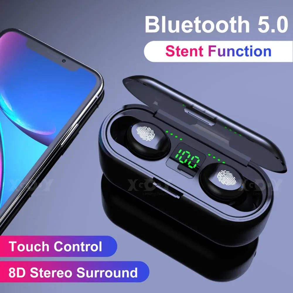 F9 TWS Bluetooth 5.0 Wireless Earphones Headphone Touch Control Stereo Sport Headset LED Display Gaming Auriculare | Электроника