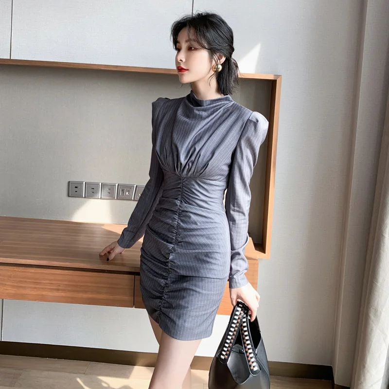 

2021 Spring Grey Sheath Dress Women Stand Collar Puff Sleeve Vintage Party Dress High End Elegant Office Draped Dresses Vestidos