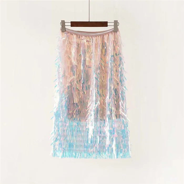 Модная голографическая цветная длинная юбка, блестящая расшитая блестками эластичная талия, многослойная Лоскутная юбка, высокая уличная юбка для леди - Цвет: Design 3