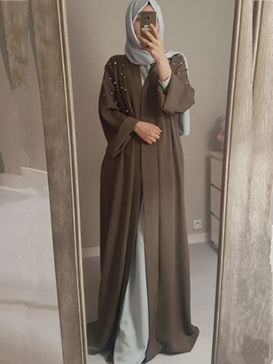 Новая мода abaya мусульманская одежда для Дубай платье роскошный черный/Kahki/розовый/бордовый халат-кимоно с жемчугом пояс одеяние мусульмане