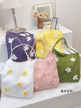 

Ins Small Petals Japanese Girl's All-match Student Casual Large-Capacity Three-dimensional Flower One Shoulder Canvas Bag