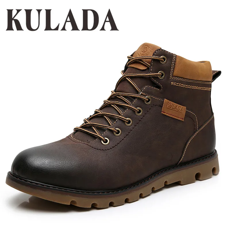 Brown-M1823-1C KULADA ботинки наивысшего качества; Мужские Зимние ботильоны; теплые ботинки на молнии ручной работы; Мужская зимняя обувь на шнуровке; Hombre - Цвет: Brown-M1823-1C