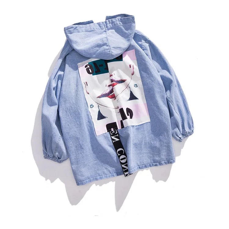 

2019 Large Size WOMEN'S Dress Jacket Spring New Style Fat Mm Loose-Fit Printed Hooded Webbing Jeans Coat Women's