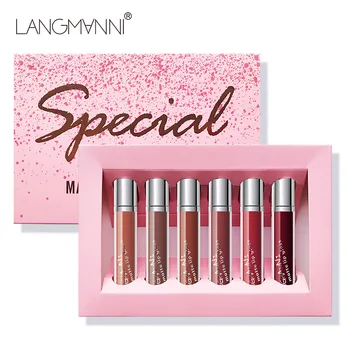 

6Colors/set Langmanni 6 lipsticks Matte Lip Gloss MakeUp Liquid Lip stick Lasting Waterproof Nude Pigment plumper packaging