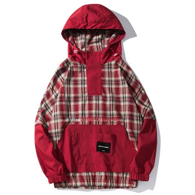 red hoodies Plegie, передний карман, хип-хоп толстовки, унисекс, пэчворк, клетчатые куртки, мужская толстовка с капюшоном, эластичная талия, Hemline, с капюшоном, Мужская Уличная одежда, пальто - Цвет: red hoodies