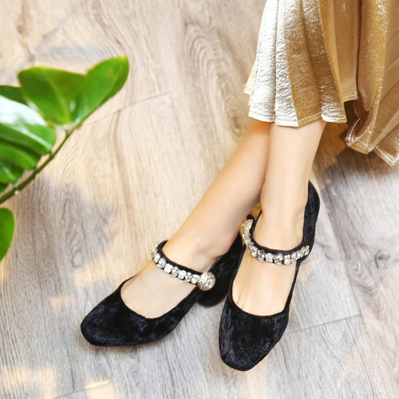 female crystal high heels shoes square toe mary jane velvet thick pumps luxury chunky diamond rhinestone block jewel women