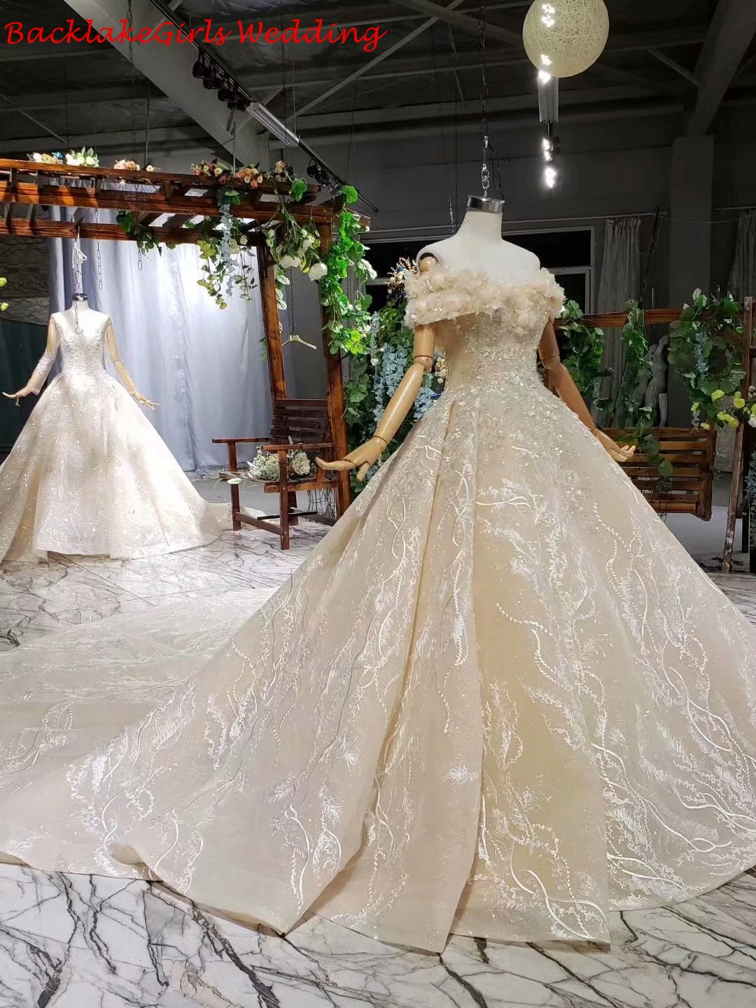 Bodas Luxury Off The Shoulder Wedding Dress Lace Color Champagne For Women Floral V Neck Robe Femme Mariage