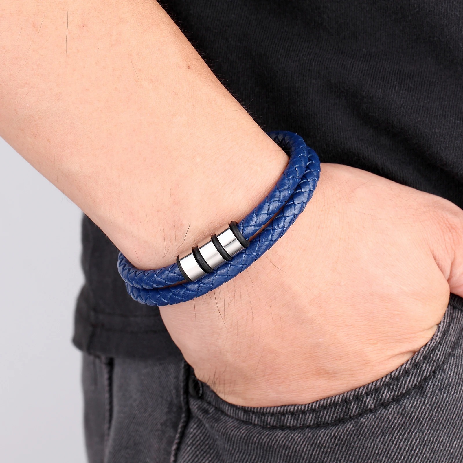 2021 New Punk Style 3 Ring 316L Stainless Steel Men's Bracelet Two-Color Leather Rope Simple Charm Jewelry Bracelet Gift - Image 5