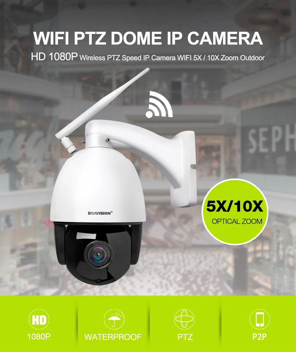HD 1080 P беспроводной PTZ скорость купольная ip-камера Wi-Fi 5X 10X зум наружного видеонаблюдения камера видеонаблюдения аудио ONVIF IR 60 м