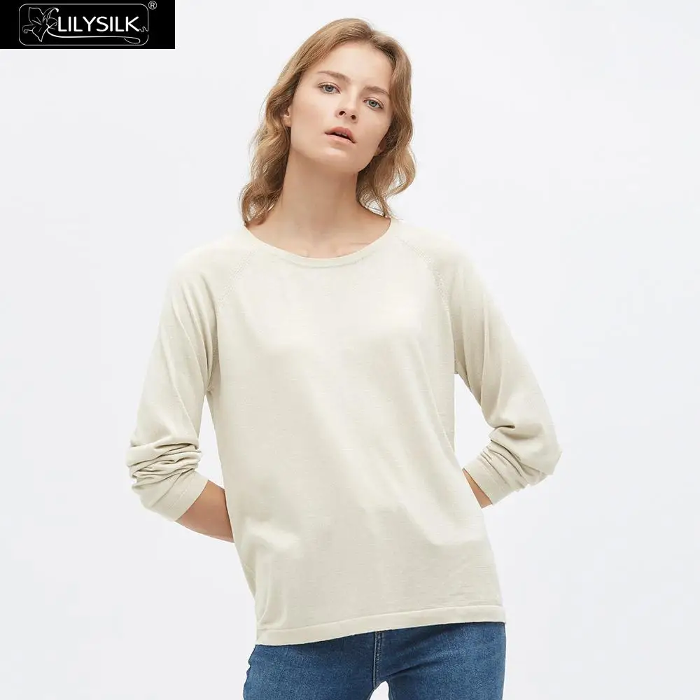 LilySilk длинная шелковая трикотажная футболка с круглым вырезом Женская Новая - Цвет: Ivory