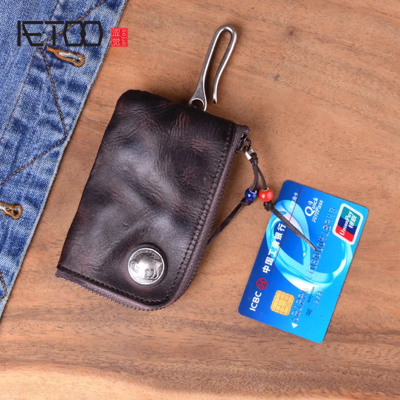 

AETOO Mini Men's Genuine Leather Coin Purse Wallet Waist Belt Loops Bag Coin Pocket Case Key Ring key wallet Black coffe