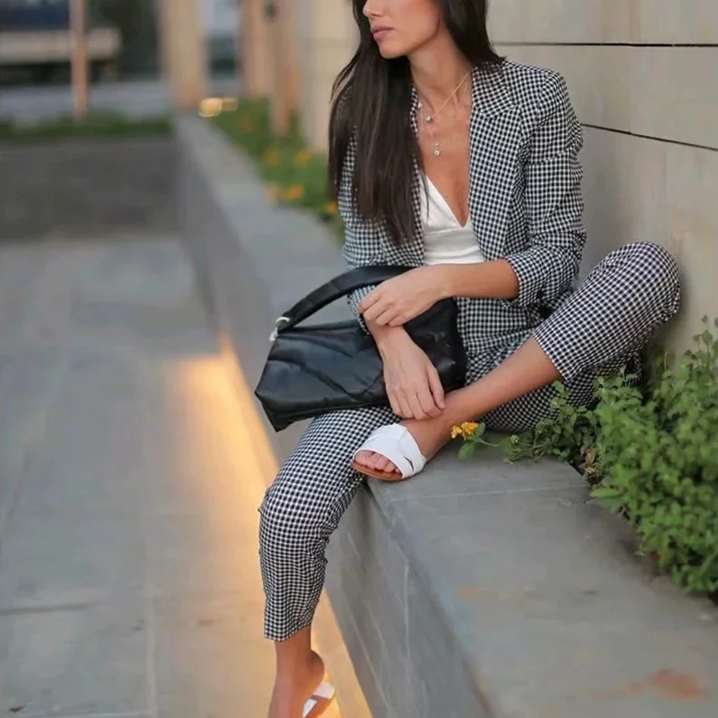 

Two piece set women plaid suits 2019 autumn elegant ladies fashion blazer suit set female chic slim jackets sets girls clothes