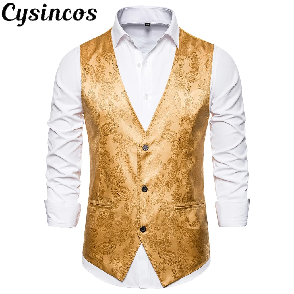

CYSINCOS Luxury Gold Printed Steampunk Vest Men Brand Night Club Prom Suit Vest Men Waistcoat Wedding Formal Dress Vests for Men