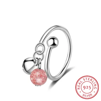 

100% 925 Solid Real Sterling Silver Strawberry Crystal Bead Bell Opening Ring 6 7 8 For Women Creative Cute Style Girl Jewelry