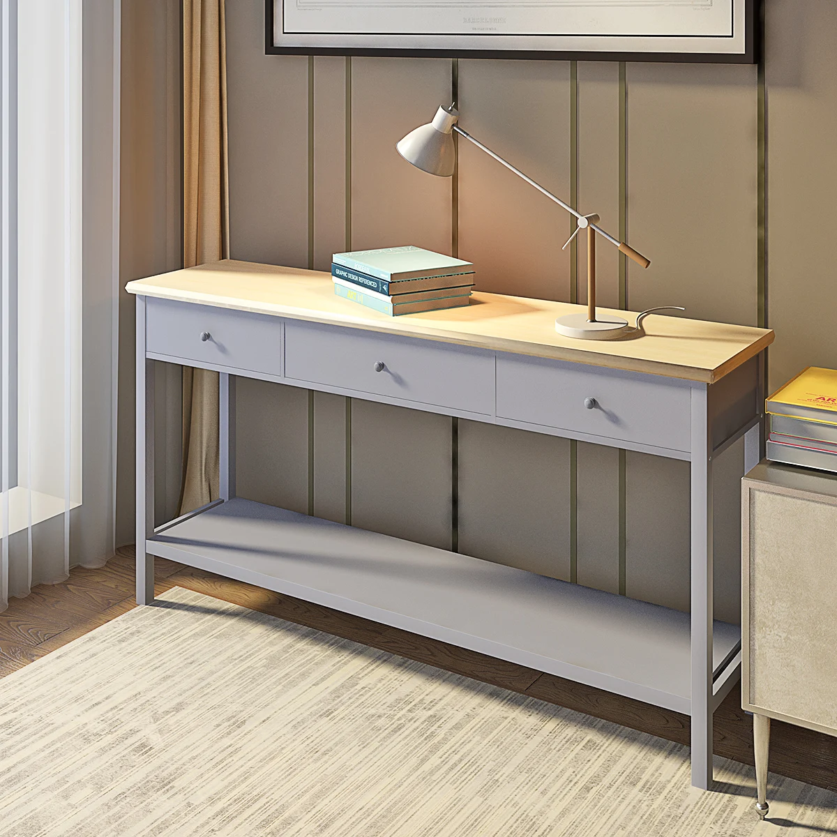

Panana 142 cm Length Grey Console Table Stunning Kitchen Hall Table 3 Drawers and Shelf Side Table